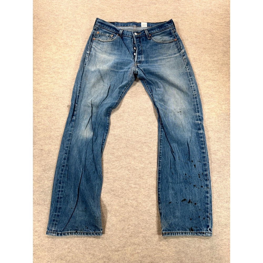 Levis 501 Jeans Men 36x34 Blue Whiskered Denim Cotton Straight Leg Logo Mid Rise